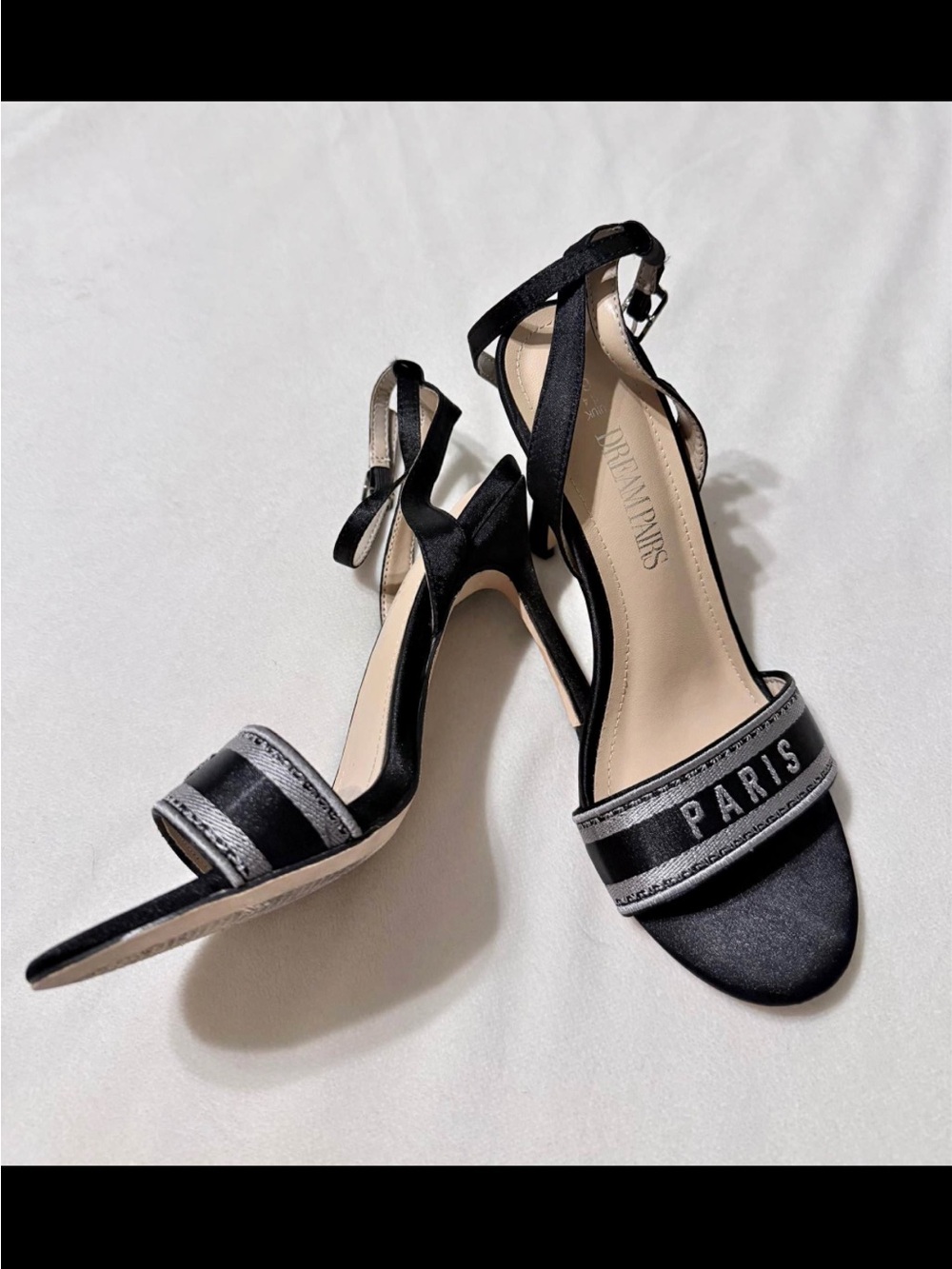 Dream Paris Black Satin Ankle-Strap Heels with Paris Embroidery